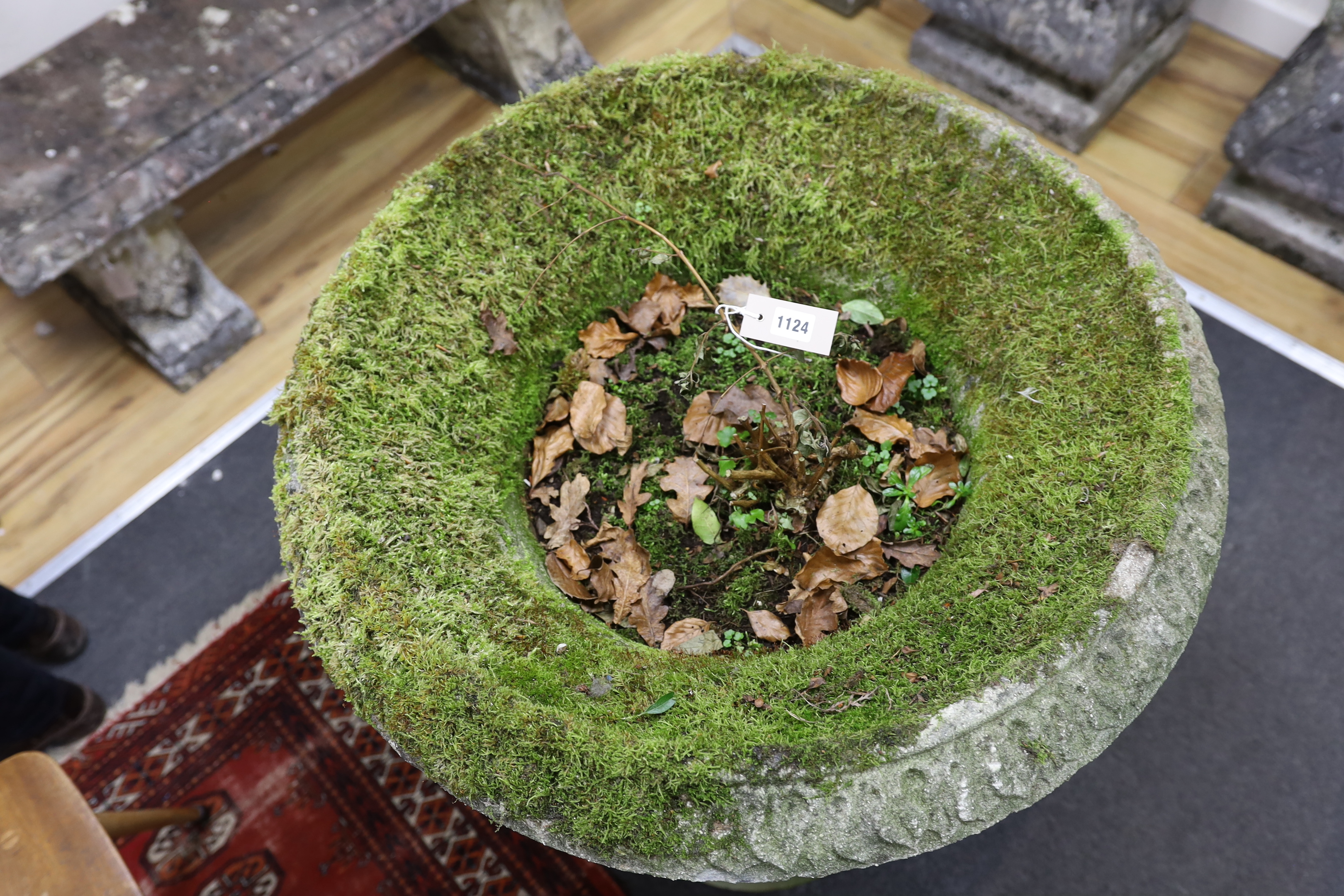 A large reconstituted stone campana garden urn, diameter 75cm, height 89cm